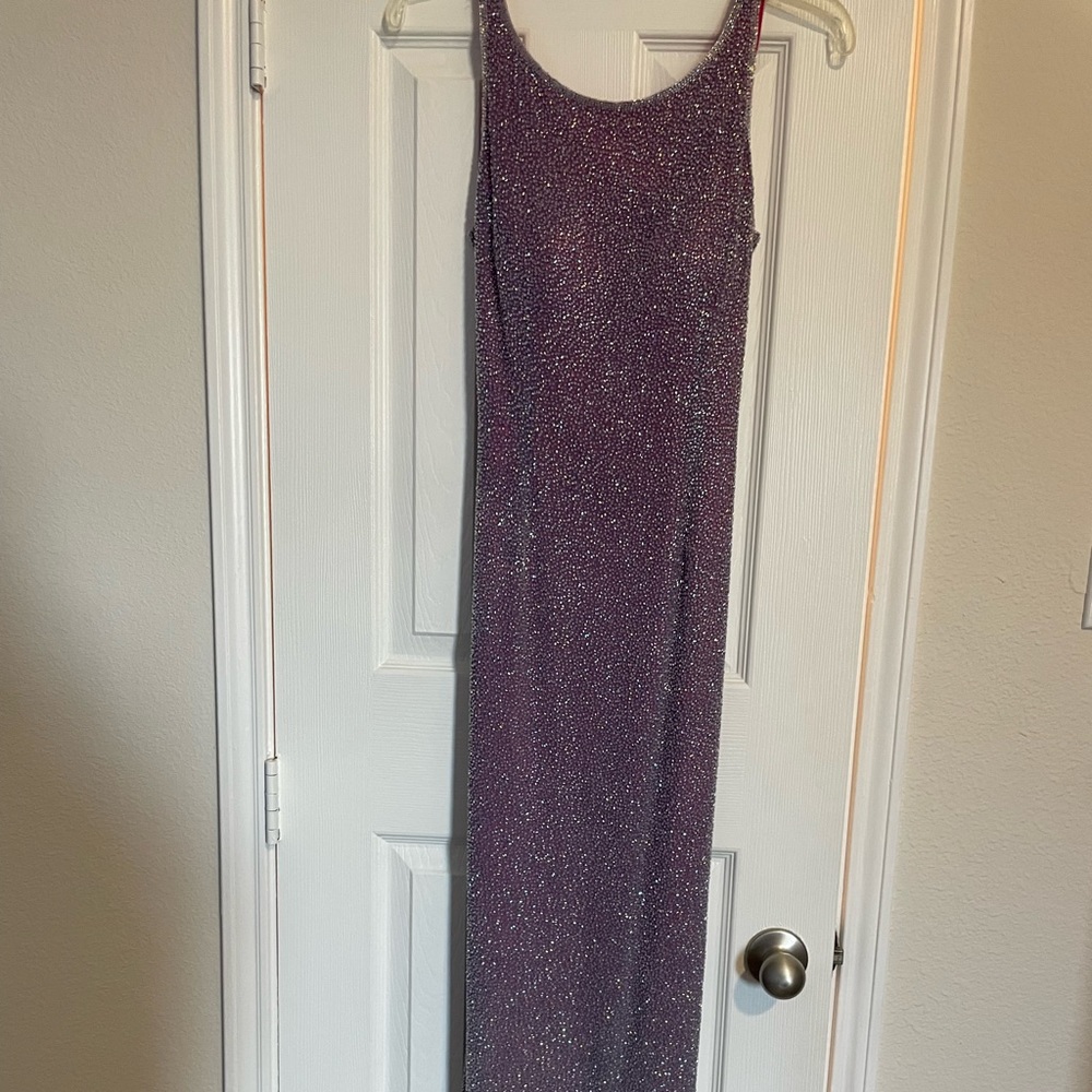 Adrianna Papell Purple Sparkle Scoop Neck Prom Dress